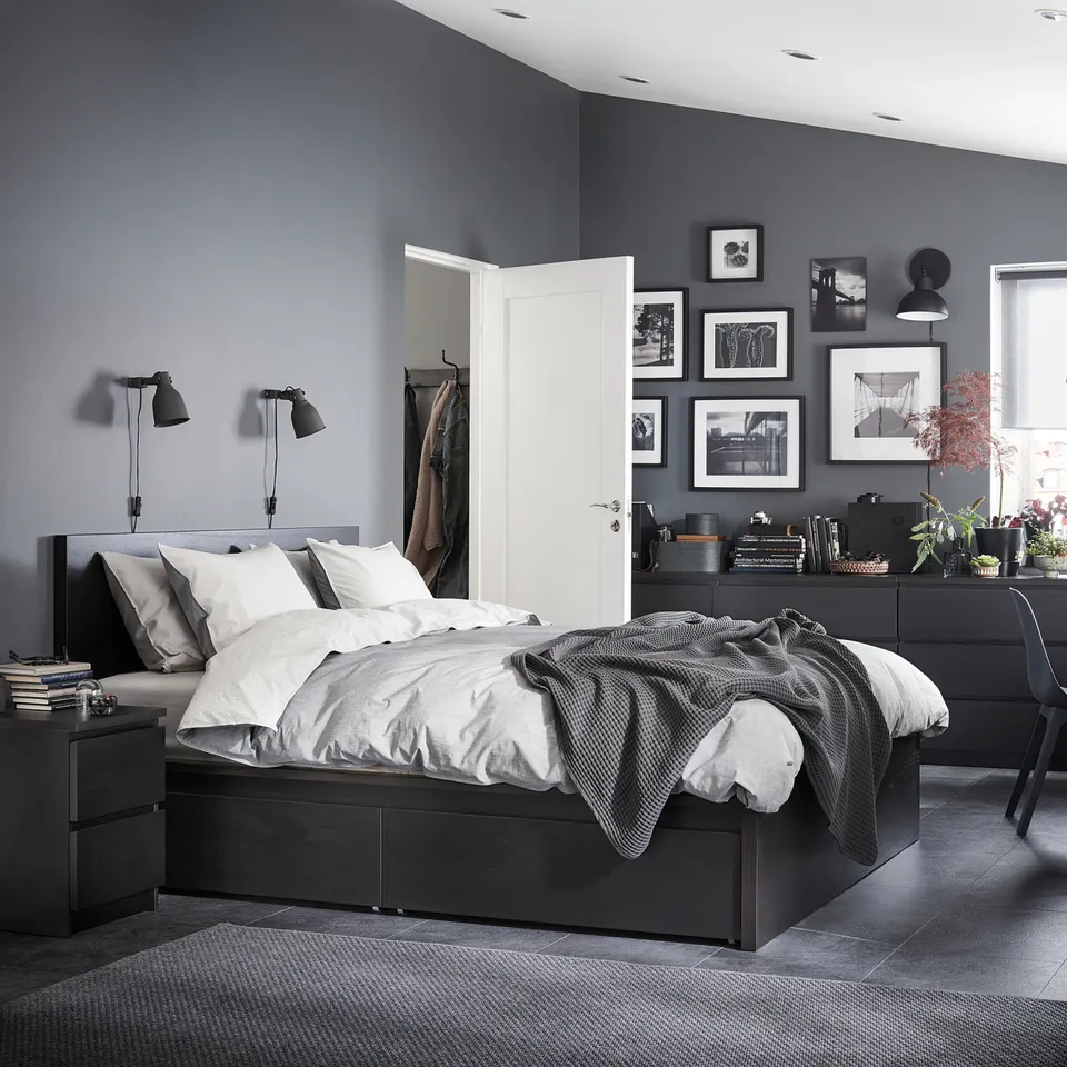 part: MALM bed frame, high, w 4 storage boxes
