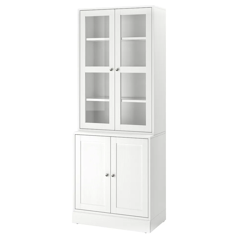 HAVSTA white cabinet with glass doors and solid pine, tall, sleek design.