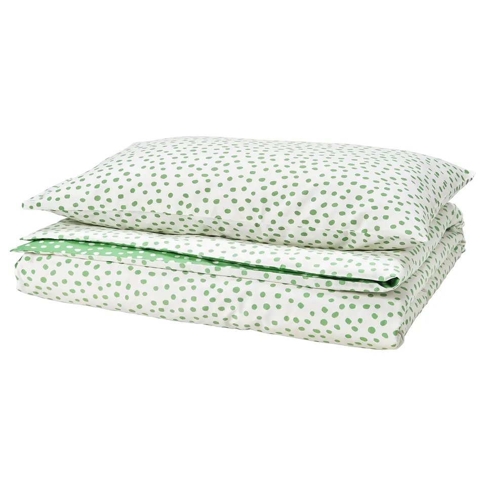 BJÖRKGRÅMAL duvet set, white-green dotted. Rectangular with zip closure, soft cotton/viscose blend.