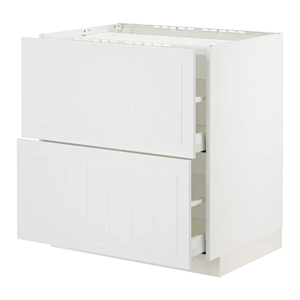 A white METOD kitchen unit with two drawers and a cabinet, featuring a clean, modern design.