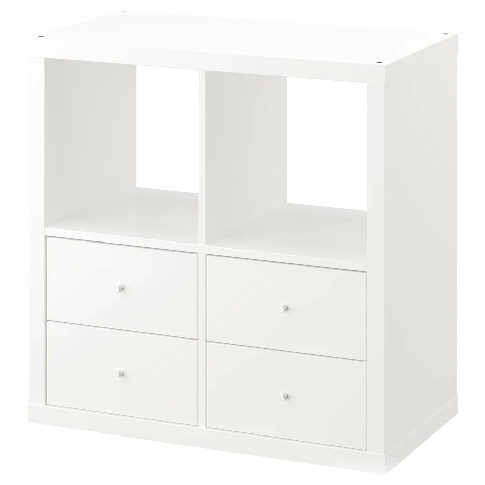 White KALLAX shelving unit with 4 drawers and 2 open shelves, minimalist design for storage.
