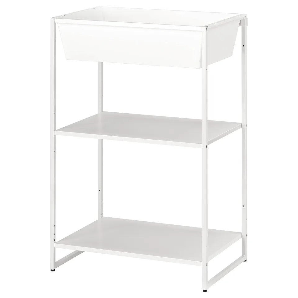 A white JOSTEIN metal storage shelf with three levels. It is simple, strong, and suitable for humid areas.