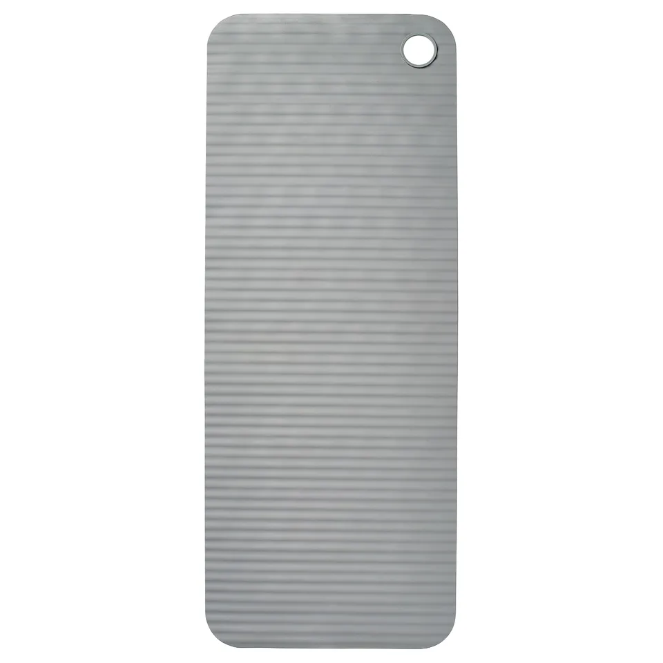 A grey VALVATTNET bath mat with suction cups and a hanging hole, designed for non-slip safety.