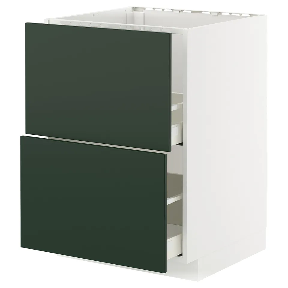 METOD kitchen cabinet, dark green, modern design, two drawers, white frame.