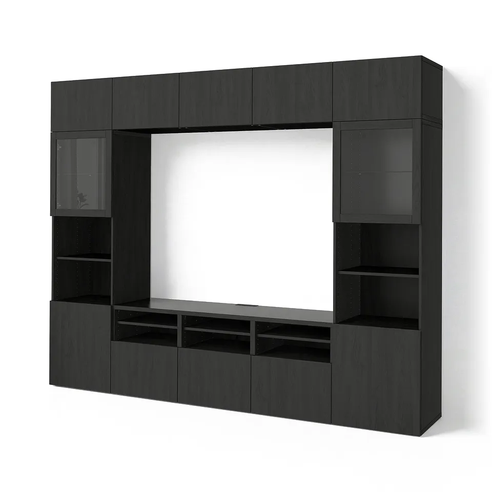 BESTÅ TV storage combination/glass doors, black-brown/Lappviken black-brown clear glass, 300x42x231 cm
