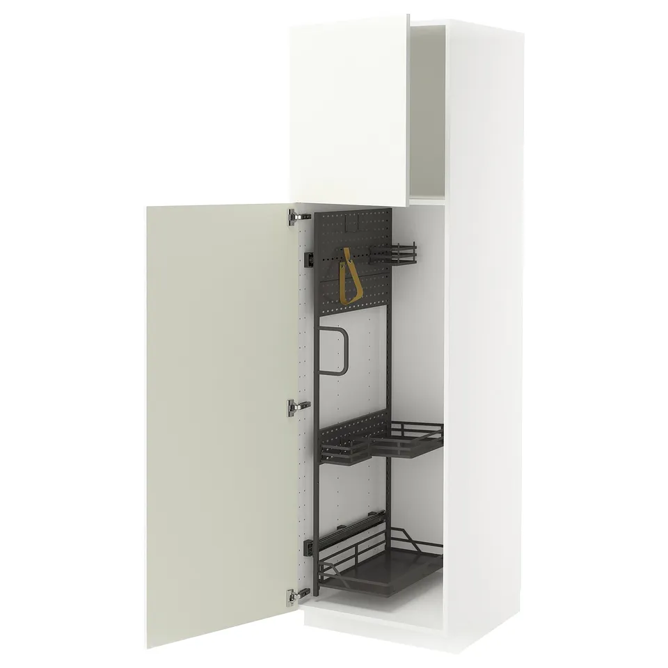 White METOD kitchen cabinet with pull-out organisers, pearl-green door.