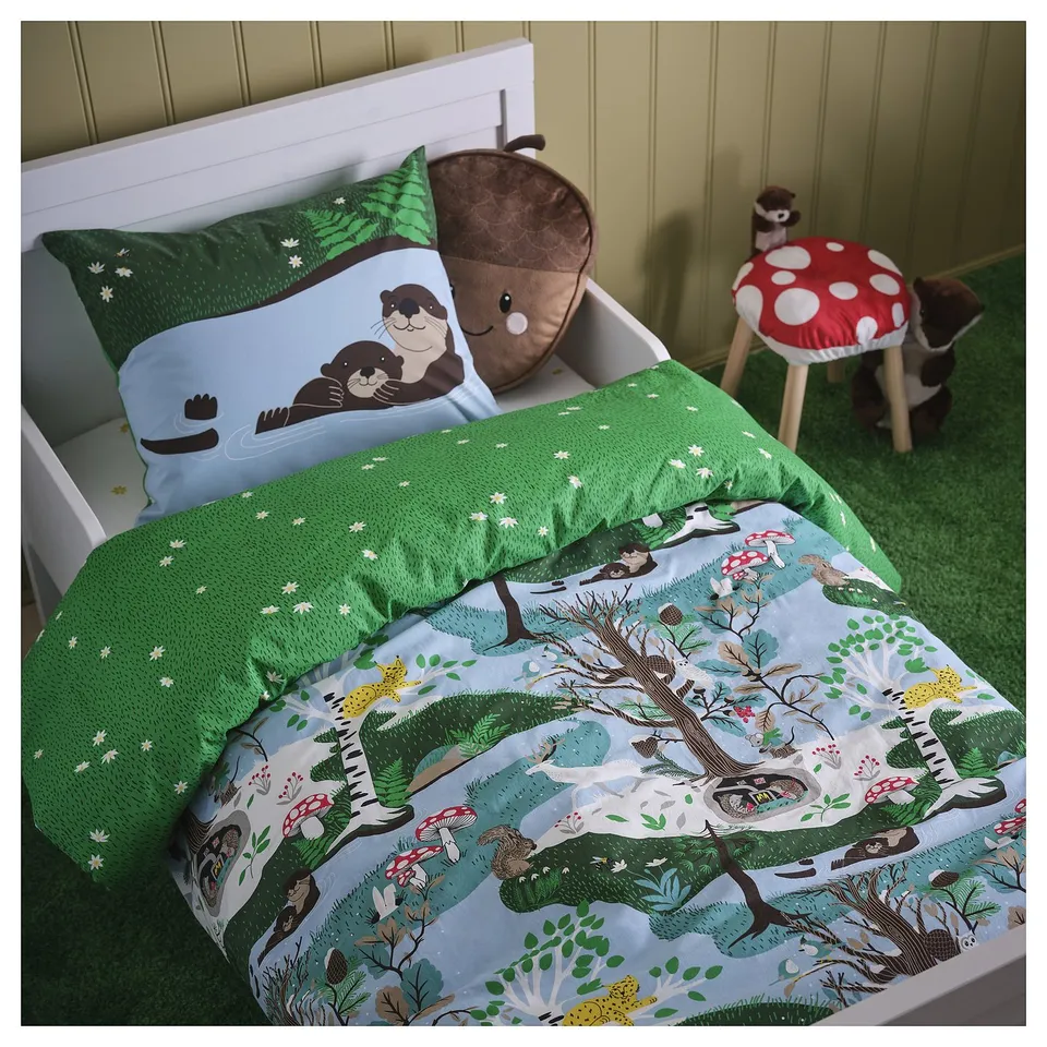 SKOGSDUVA bedding: green, blue nature print, plush acorn pillow & soft cover, fits kids bed.