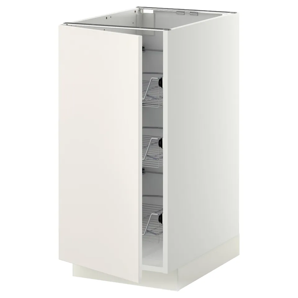 A white METOD kitchen cabinet with pull-out wire baskets.