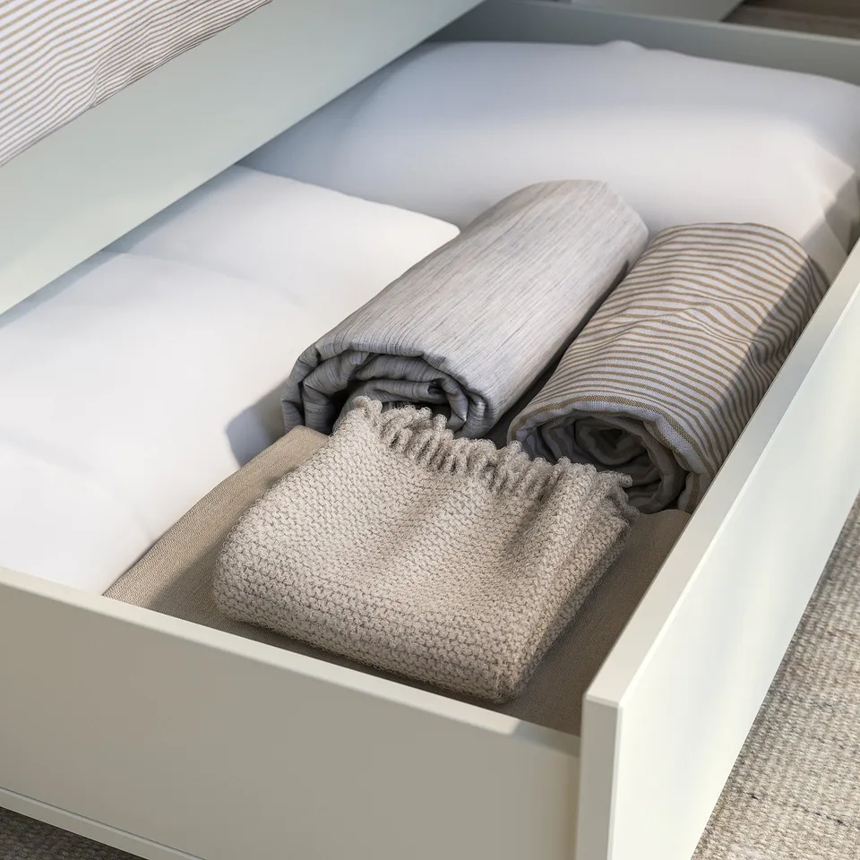 Open white drawer with rolled clothing, showcasing GULLABERG storage.