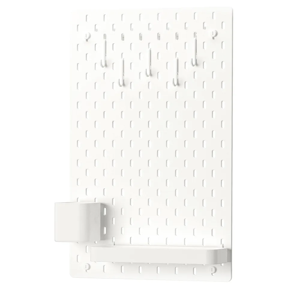SKÅDIS white pegboard with metal fixtures, rectangular shape, organising system.