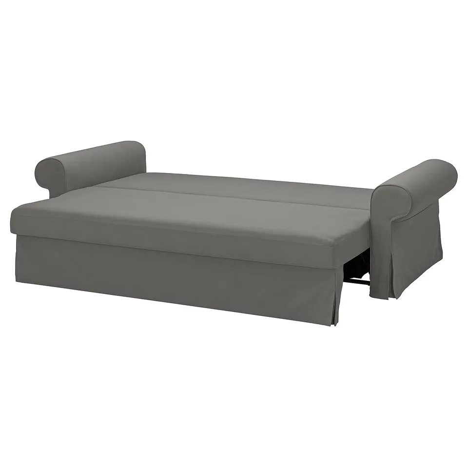 Grey VRETSTORP sofa-bed, sleek design, fabric cover, smooth texture.