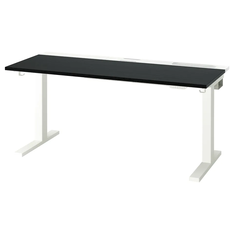 MITTZON black sit-stand desk, sleek & modern, adjustable height, sturdy white legs, minimalist design.