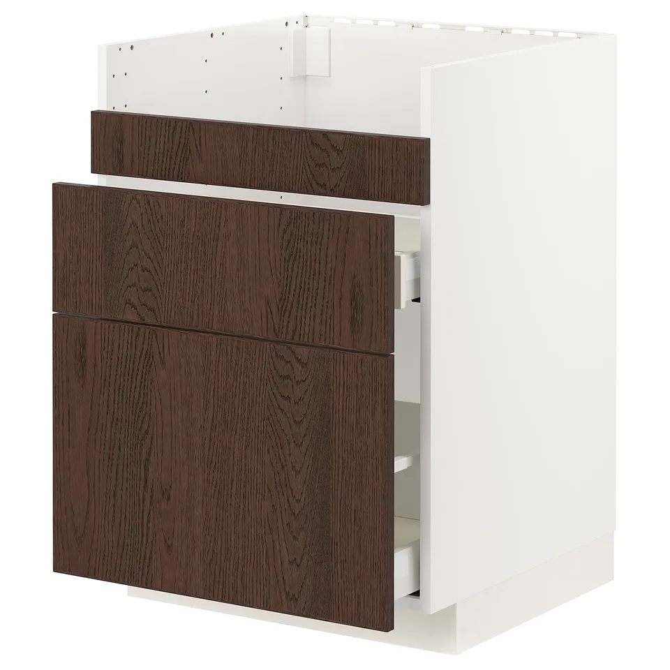 Modern METOD kitchen cabinet with dark brown sinarp wood fronts.