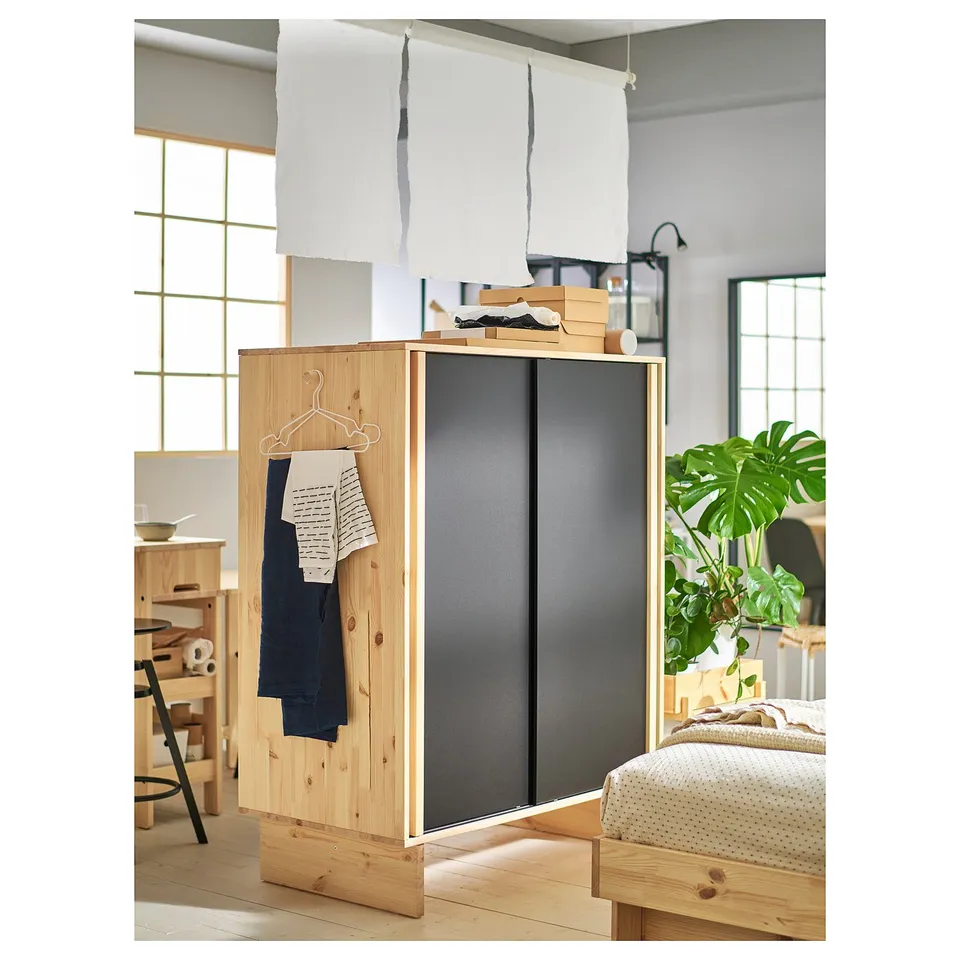 GLAMBERGET Wardrobe with 3 sliding doors, pine/black, 117x63x150 cm
