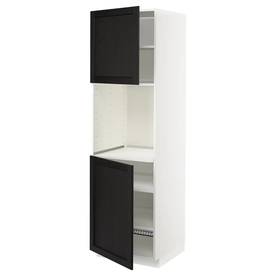 An ikea METOD kitchen cabinet with black-stained lerhyttan doors, featuring a white interior with adjustable shelves.