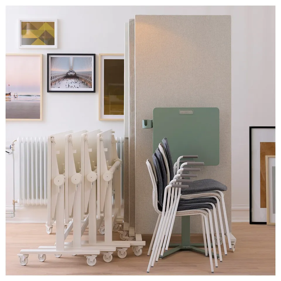 Acoustic screen: MITTZON, beige, rectangular, fabric-covered, on wheels, stacked chairs.