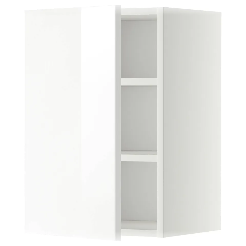 Modern white corner cabinet for kitchen, glossy finish, clean design, adjustable shelves.