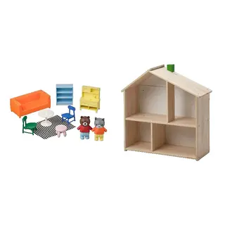 FLISAT/HUSET set: dollhouse furniture and figures + doll's house/wall shelf