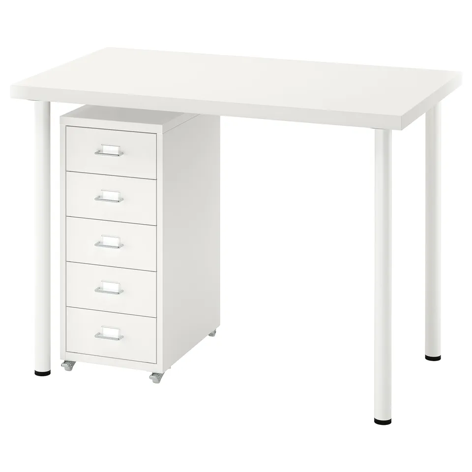 White LINNMON/ADILS desk with four-drawer filing cabinet.