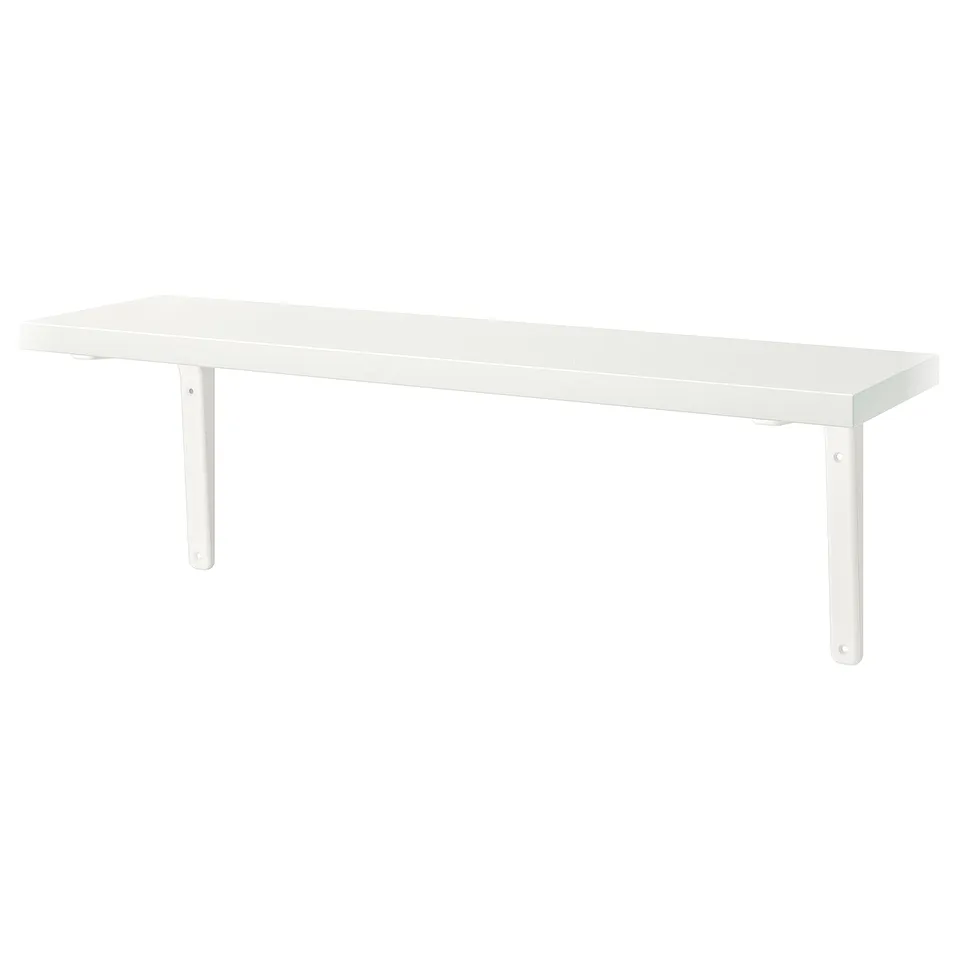 White wall shelf BERGSHULT, rectangular shape with metal brackets, simple & modern design.