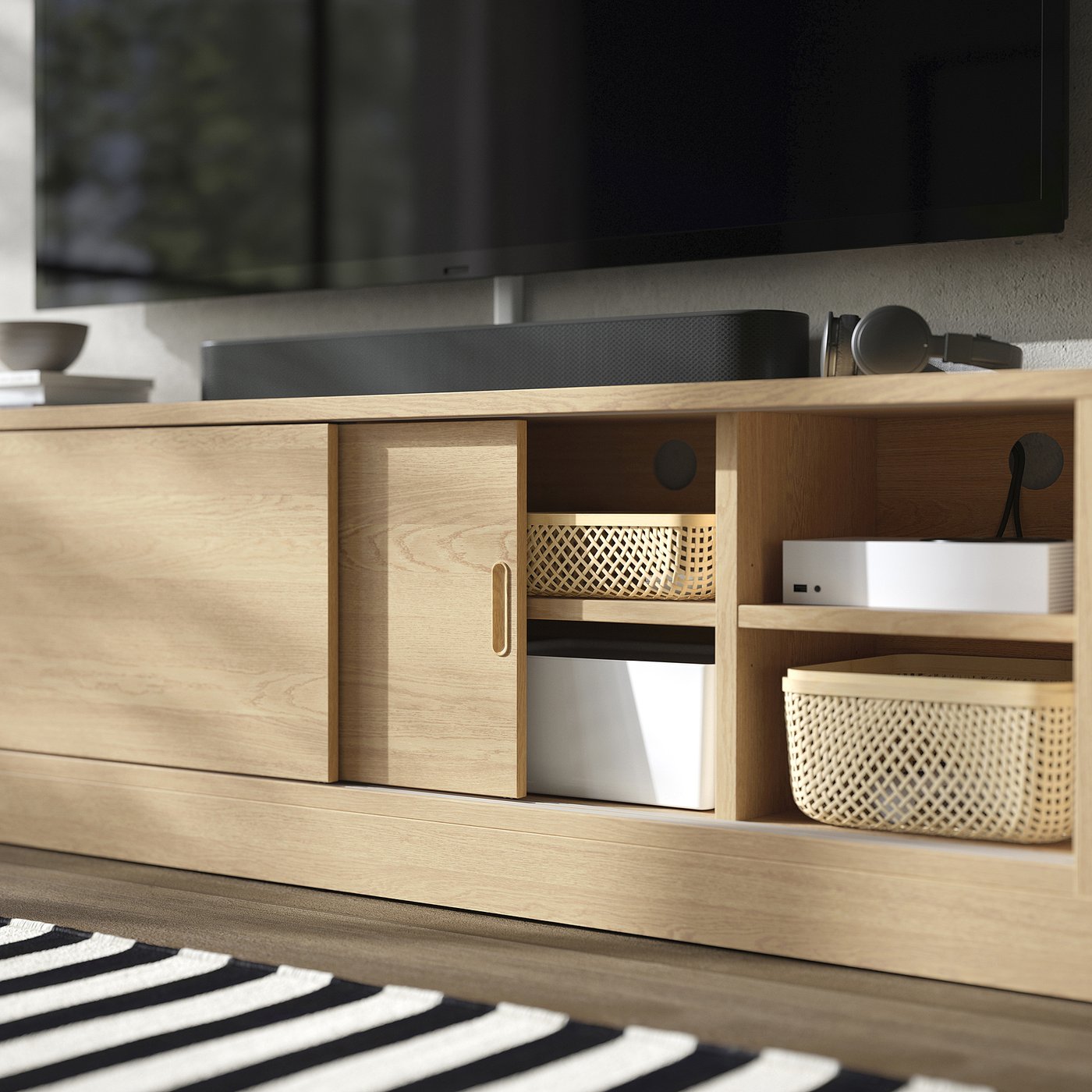Wooden tv stand with sliding doors, cable management, adjustable shelves, speaker, project, basket, piano keys