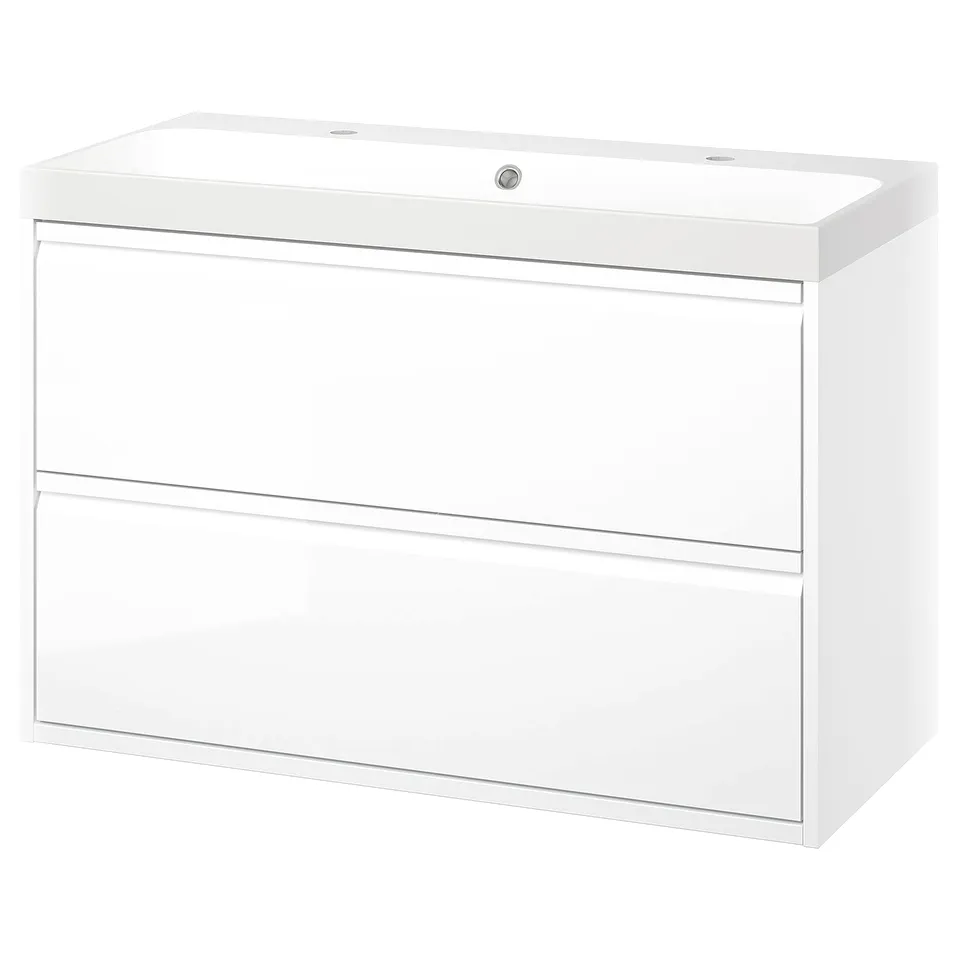 A white wall-mounted bathroom vanity with two drawers and a sleek sink. Modern design, minimalist style.