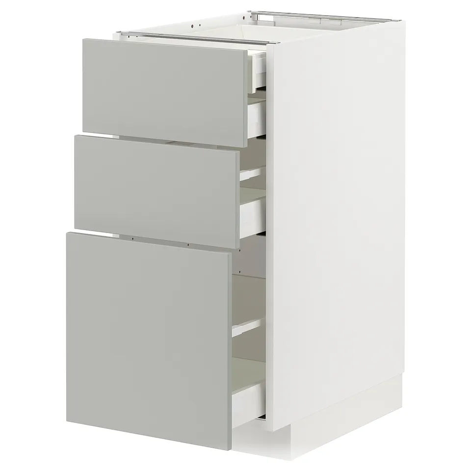 METOD kitchen unit in light grey with three drawers, sleek and modern design.