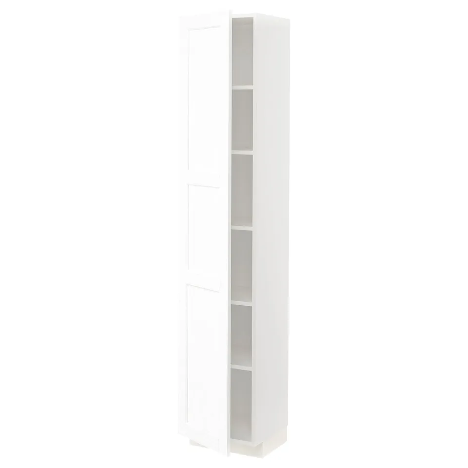 A white tall cabinet from the METOD kitchen system. It has adjustable shelves, a door, and a simple modern design.