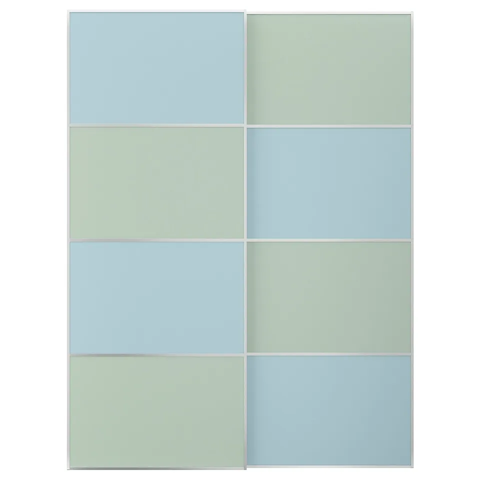 A pair of light blue and green sliding glass doors, vertically aligned with a modern design.