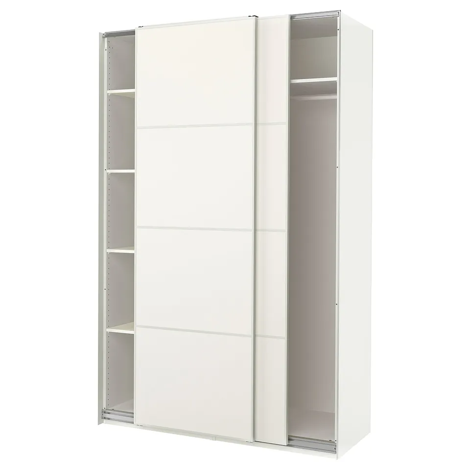 A white PAX wardrobe with sliding doors and multiple shelves inside.