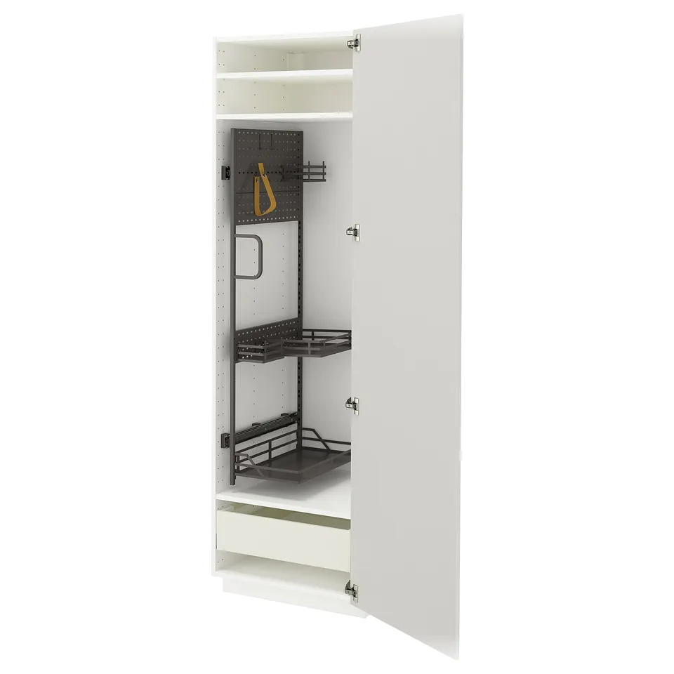 Open white METOD kitchen unit with pull-out organisers inside.