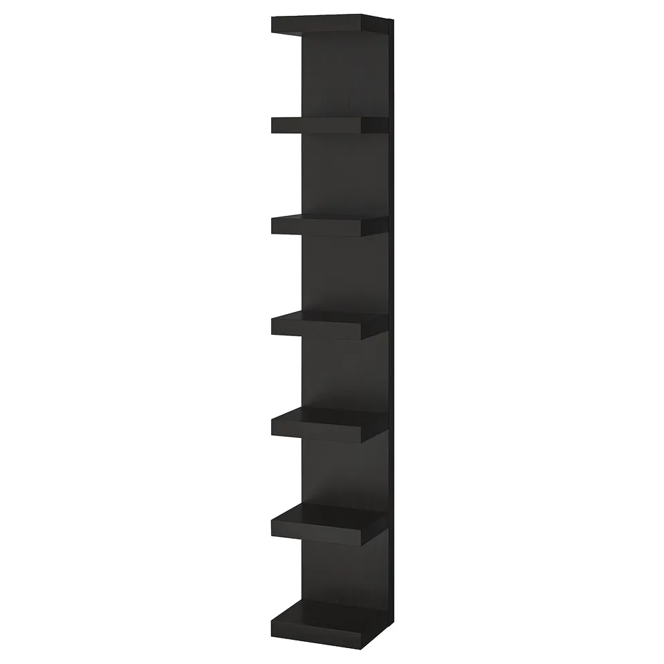 A bLACK LACK wall-mounted shelf with six narrow compartments. Made of particleboard and honeycomb paper filling, it offers efficient vertical storage.