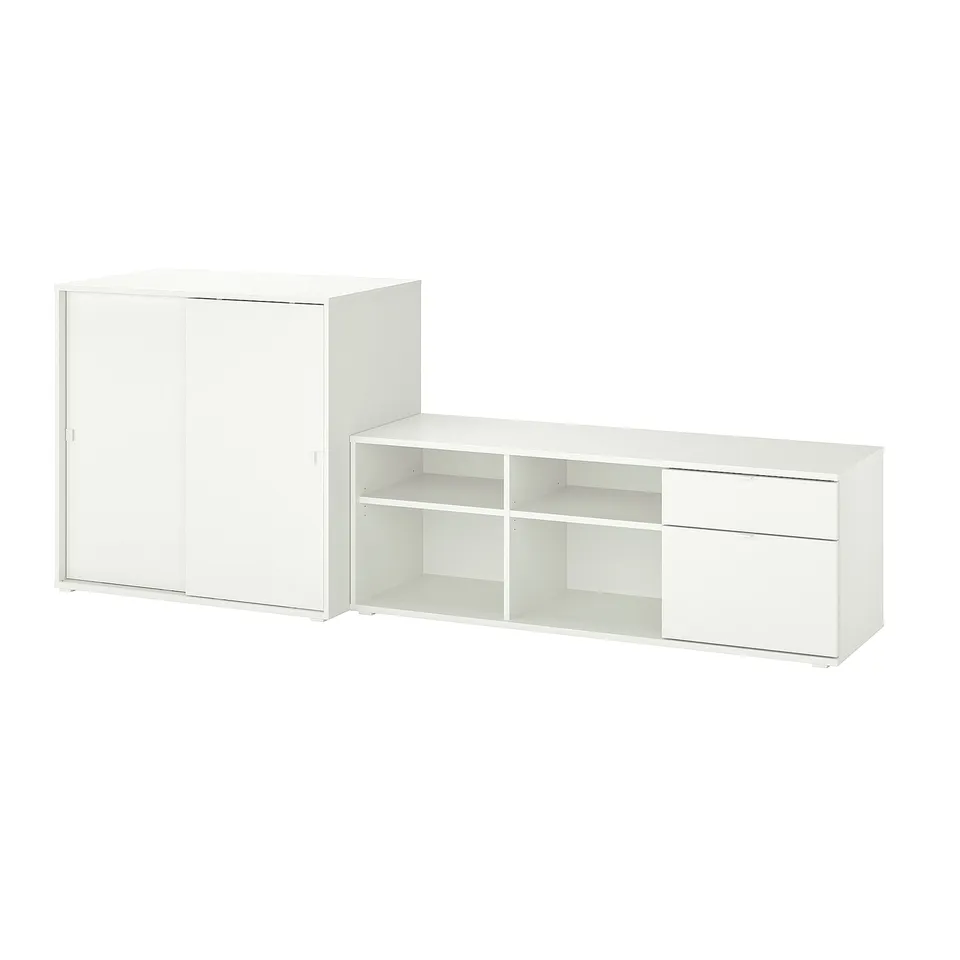 White VIHALS storage set, modern minimalist design. Includes cabinet with sliding doors and open tv unit.