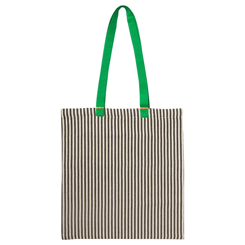 Handwoven tote bag, black and white stripes, green handles, 100% cotton, rectangular with inner pocket, simple design.