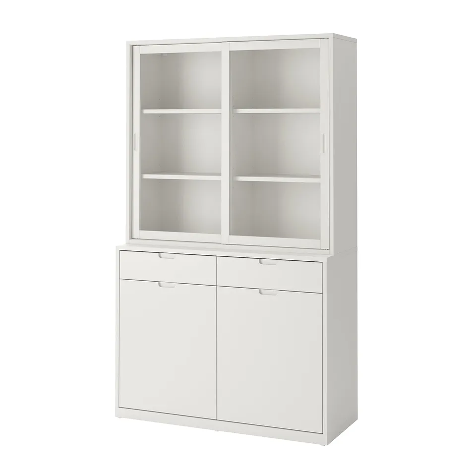 TONSTAD storage set: white, glass doors, soft-close drawers, off-white finish.