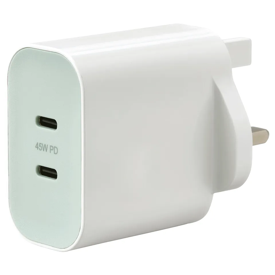 A white SJÖSS 45w usb-c charger with dual ports, rectangular shape, and smooth design.