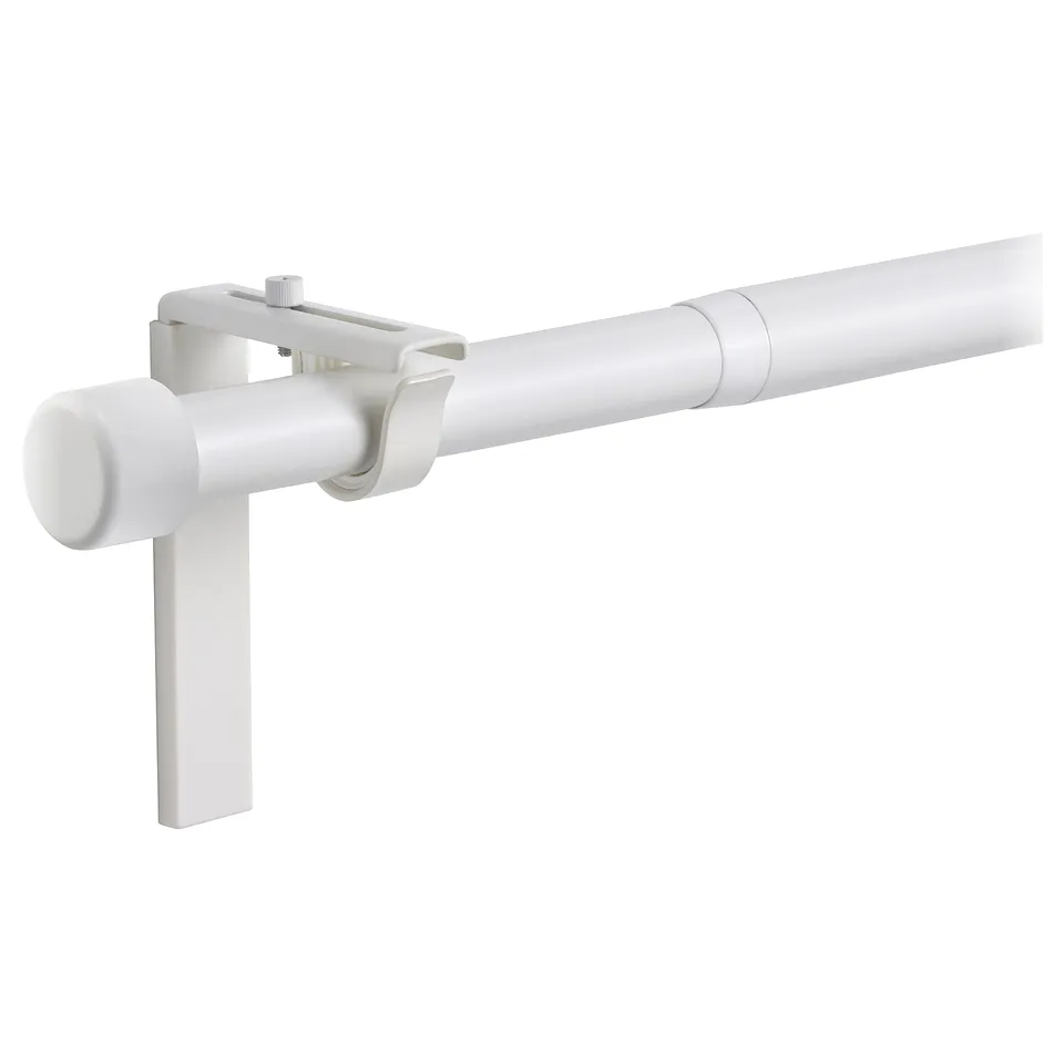 White HUGAD white curtain rod holder, wall mount, extendable, minimalist design.