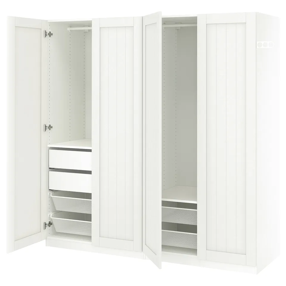 A white PAX wardrobe with open doors, revealing storage compartments and mesh drawers inside.