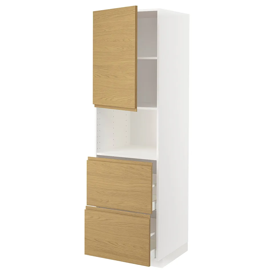 White cabinet with light wood doors, one open, two drawers.