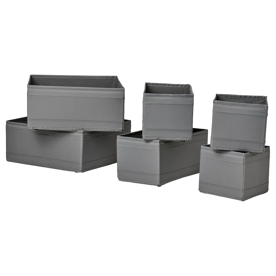 Six grey fabric storage boxes, stackable, rectangular, zippered, for organising items.