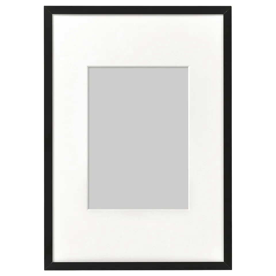 Black LOMVIKEN picture frame with grey mount, rectangular, minimalist design.