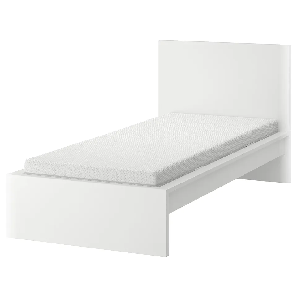 Clean, white MALM bed with headboard, rectangular shape, clean lines, modern design, adjustable bed sides.
