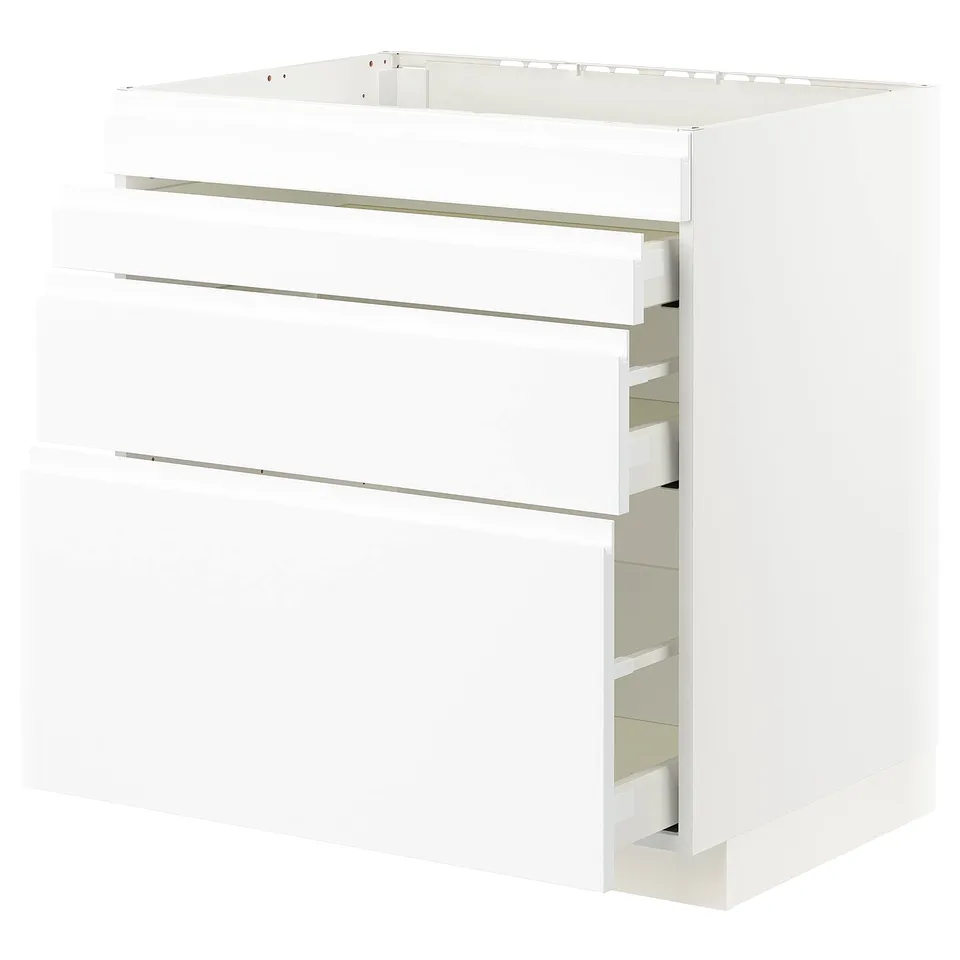 White modern kitchen cabinet with multiple drawers, sleek minimalist design.