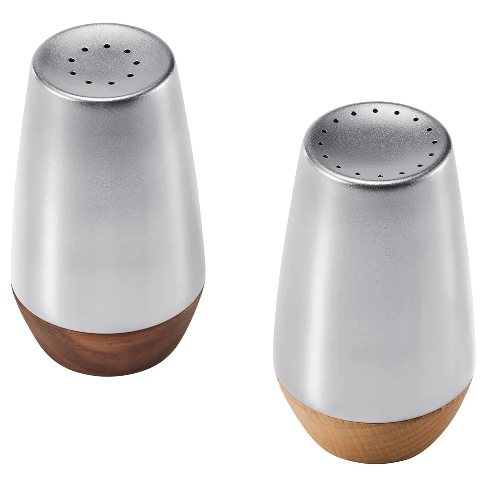 Two silver AFTONHAJ salt and pepper shakers, one with a wooden base, designed with modern style.