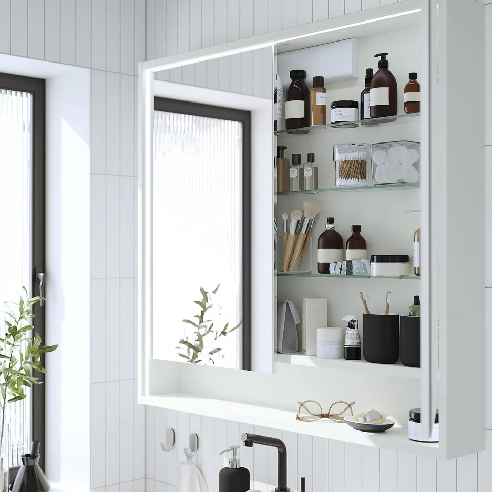 part: FAXÄLVEN mirror cabinet w built-in lighting