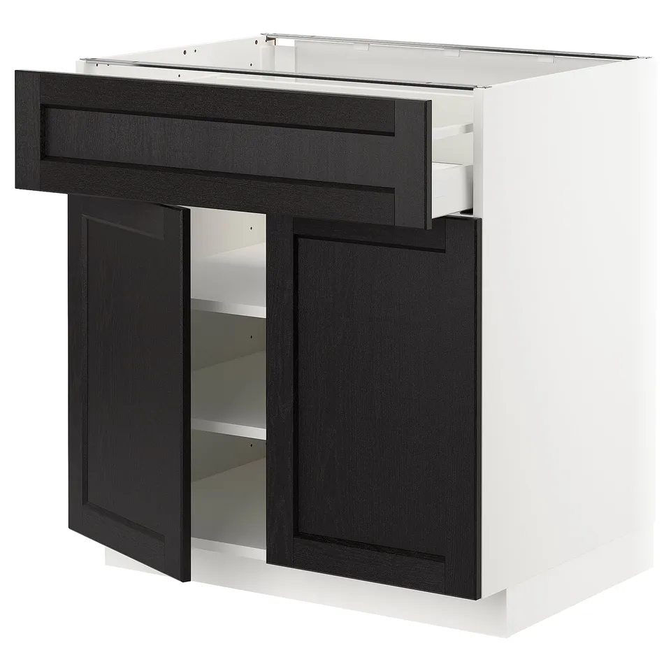 Modern METOD kitchen unit with black drawers and doors.