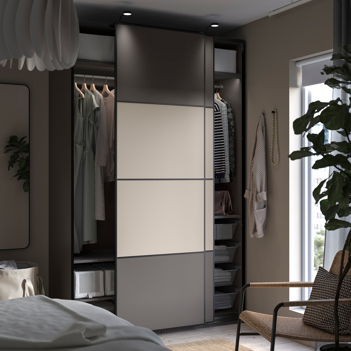 Modern bedroom with PAX wardrobe, grey and white, sliding doors, organised with shelves and hanging clothes.