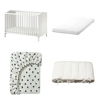 GRÖNFINK/KRUMMELUR/LENAST/SMÅGÖRA set: cot + foam mattress for cot + fitted sheet for cot + bumper pad