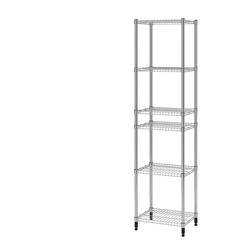 A silver OMAR shelving unit with five adjustable metal wire shelves. The legs are adjustable for stability on uneven floors.
