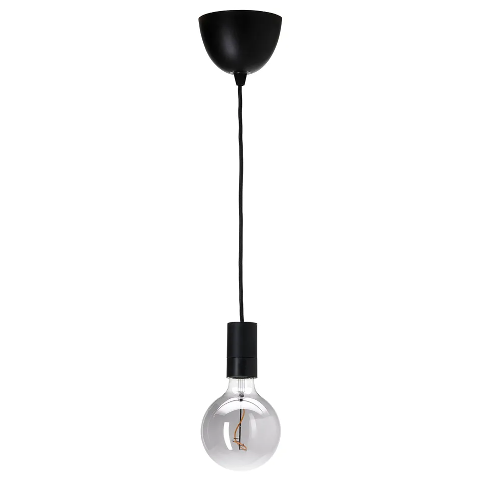 SUNNEBY: black hanging lamp with glass bulb, spiral filament, emitting warm light.